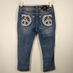 Miss Me Mid Rise Cuffed Capri Jeans Medium Wash Whiskering through Thighs 29"X22